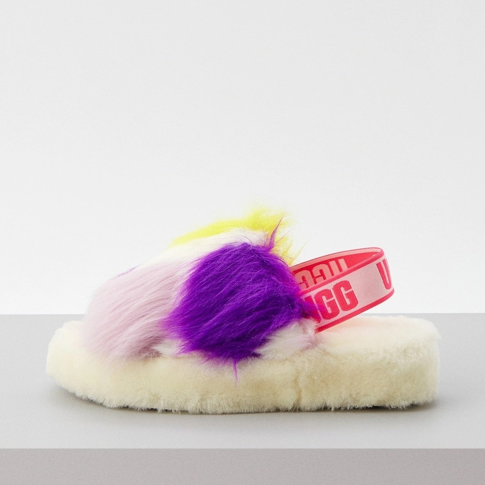 UGG Fluff Yeah Multi‎ Color Neon Faux Fur Whimsy Slide Sandal Slipper Eclectic 6